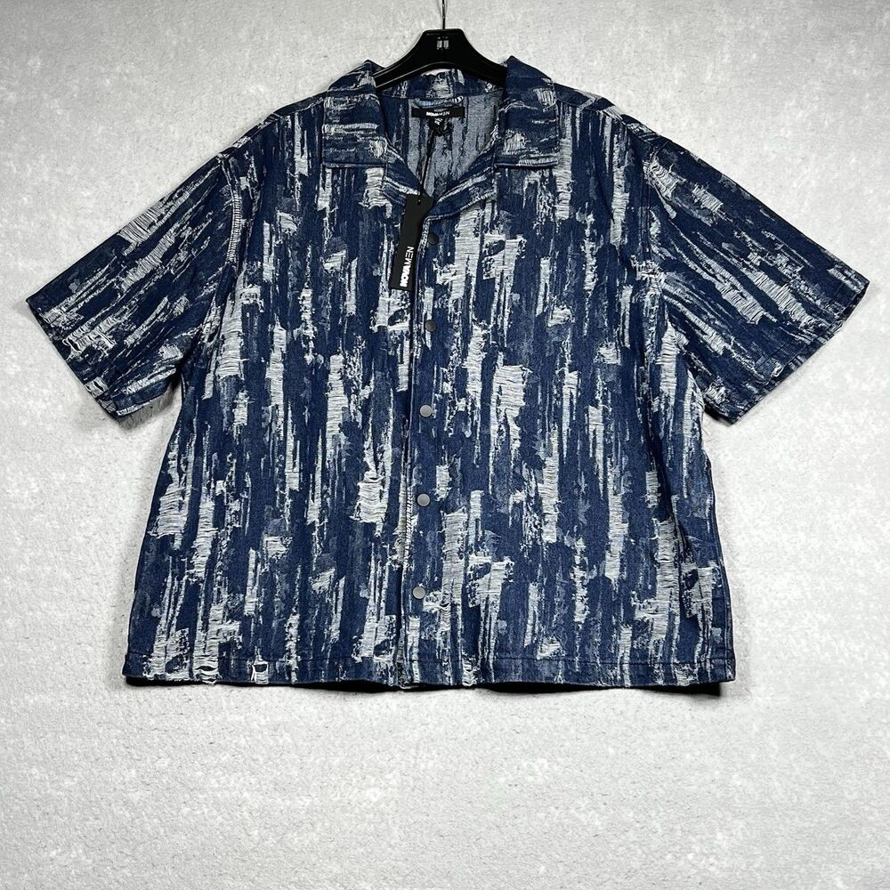 Fashion Nova Shirt Men's Size XXL Blue De Soto Jacquard Denim Shirt Short Sleeve